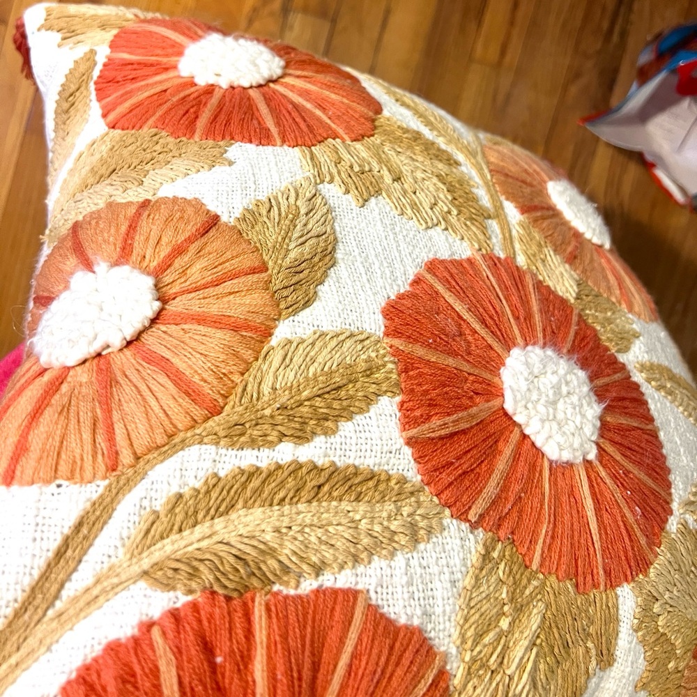 Crewel Terracotta Stunning Embroidery Pillow,Sun-Coral, Boho,l Cushion, Size 18” - Picture 2 of 8